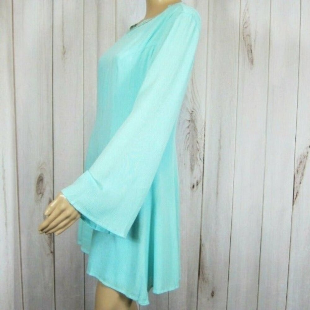 Small A-line Mini Dress Aqua Teal Blue Long Bell Sleeves w/ Lace Scoop Neck NEW - Picture 4 of 12